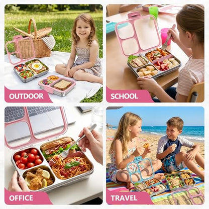 Stainless Steel Bento Lunch Box, 34oz/1000ml Leak Proof Metal Container, Lightweight 3mm Ultra-Narrow Bezel with Tritan Lid for Kids & Adults, 3-Compartment, BPA/BPS Free, Dishwasher Safe, Pink - color: Pink, size: 34oz/1000ml