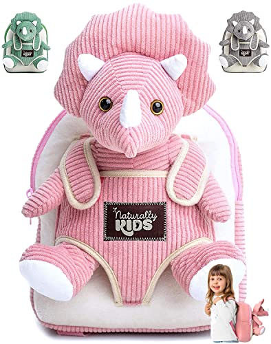 Naturally KIDS Toddler Backpack w. Plush Pink Triceratops Toy Kids Gift 2-5 | 2-in-1 dinosaur backpack for girls, girl dinosaur toy gift-ready box, birthday & Christmas gift for 2 3 4 5 year old girl boy - color: 09 Dinosaur Triceratops, style: Small