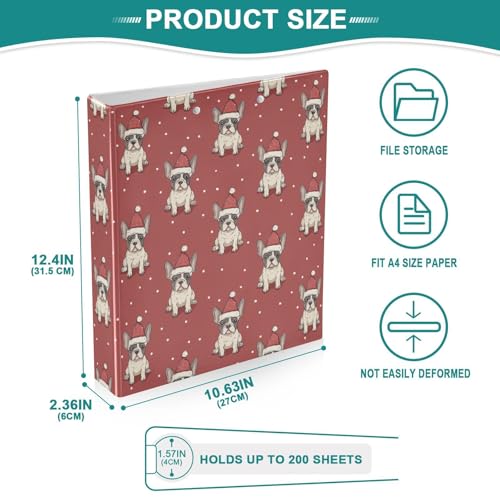 Fustylead Cute French Bulldog Puppy in Santa Hat 3 Ring Binder, D-Rings 1.5" Hardcover Folder, Fits 200 Sheets of A4 Paper, Durable Clipboard & Clean View with Inside Pockets for School Home Office - size: 12.4x10.63x2.36 Inch-2 Pack