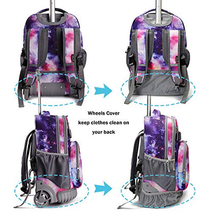 Tilami Rolling Backpack 18 inch Wheeled Backpack School College Student Travel Trip Boys and Girls - color: Galaxy Purple
