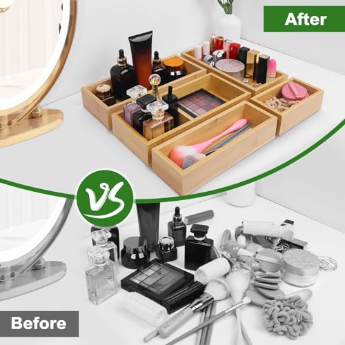 MapleGrace Bamboo Drawer Organizer Set, Individual Wood Storage Organizers | 5 PCS Multi-Use Junk Drawer Divider, Storage Trays Containers for Kitchen, Bathroom, Office Desk, Makeup, Jewelry, Utensils - size: 5