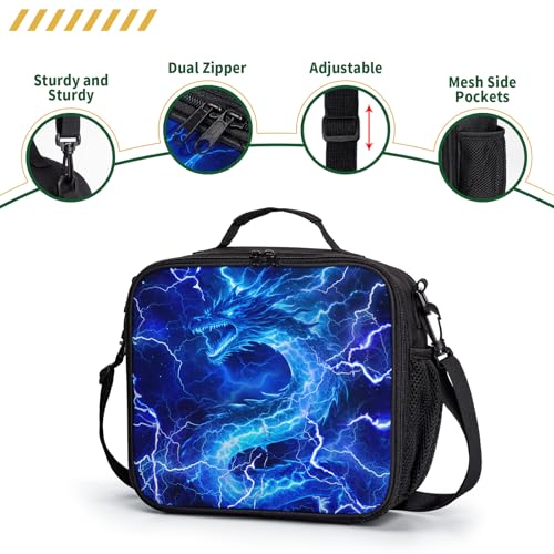 Blue Lightning Dragon Lunch Box for Boys Girls Kids Insulated Lunch Bag Cool Dinosaur Animal Reusable Lunch Cooler Tote Bags Thermal Lunchbags with Side Pocket for Work School Picnic - color: Dragon Blue
