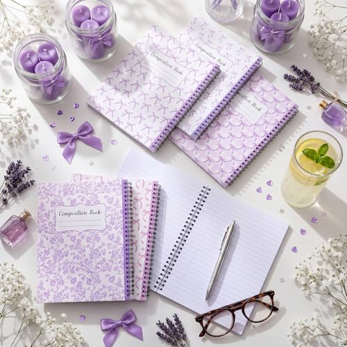 AmazingSpark 6 Pack Lefty Preppy Notebook Cute Bow Coquette Journal 7" x 9" College Wide Ruled 110 Pages Left Handed Aesthetic School Supplies Gifts for Teens Girls Women(Spiral,Purple Bow) - color: Purple Bow, style: Spiral