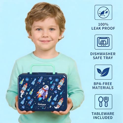 rockpapa Chill Bento Box for Kids- Large 5.5 Cups Lunch Box with Ice Pack - 5 Compartments, BPA-Free, Leak Proof, with Utensils & Portable Handle, Microwave/Dishwasher Safe (Blue Rocket) - color: Blue Rocket