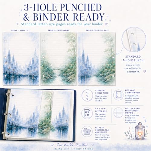 Charmfolio Duo Rainy City & Rainy Nature Binder Paper, 80 College Ruled Sheets, 8.5 x 11 3 Hole Punched Loose Leaf Stationery, Back to School Basics, Backpack Essentials for Besties