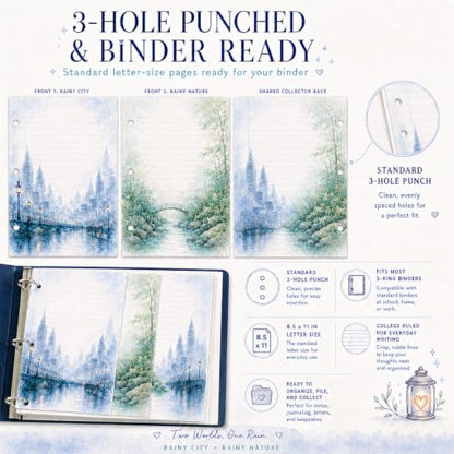 Charmfolio Duo Rainy City & Rainy Nature Binder Paper, 80 College Ruled Sheets, 8.5 x 11 3 Hole Punched Loose Leaf Stationery, Back to School Basics, Backpack Essentials for Besties