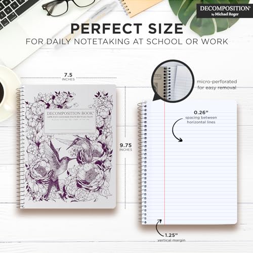 Decomposition Hummingbirds College Ruled Spiral Notebook - 9.75 x 7.5 Journal with 160 Lined Pages - 100% Recycled Paper - Notebooks for School Supplies, Home & Office - Made in USA - color: Hummingbirds