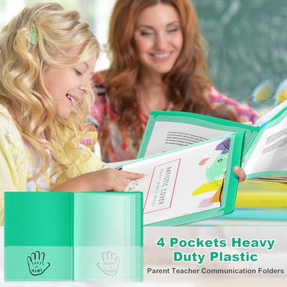 Henoyso 24 Pcs School and Home Folders with 2 Pockets and 4 Clear Inner Pockets, Heavy Duty Plastic Homework Communication Folder for Parent Teacher Student Home Classroom (Green)