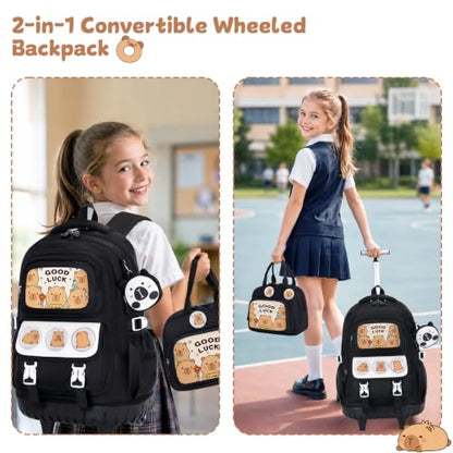 Capybara Rolling Backpack for Girls - 3PCS Girls Backpack Kids Suitcase with Lunch Box & Pencil Case Travel - Capybara Backpack with Wheels for Kindergarten Preschool Elementary (Black) - color: Black