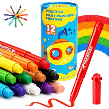 Pagather Silky Twistable Crayons, 12 Colors Washable Crayons for Toddlers 1-3 and Kids Age 2-8, Smooth Coloring DIY Stackable Gift for Classroom, Art, Crafts and Creative Projects