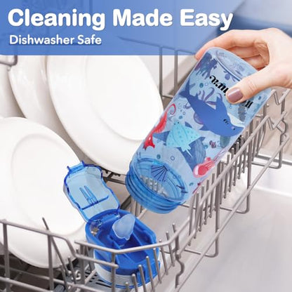 Kids Water Bottle for School, 16 Oz Plastic Straw Water Bottle with Silicone Spout and Leakproof Cover, Dishwasher Safe (Marine Animals) - color: Marine Animals, size: 16 Ounces
