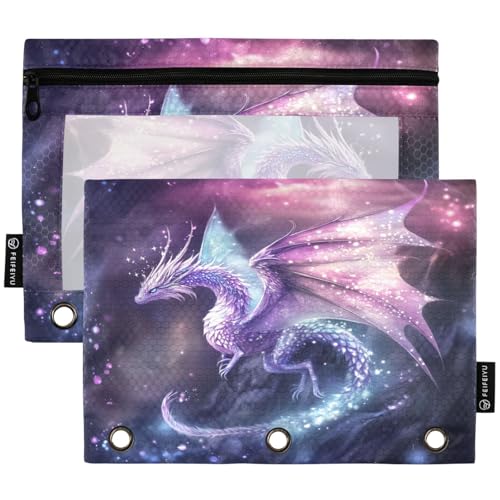 Studying 2 Pack Magic Space Stars Dragon with Wing 3 Ring Binder Pencil Pouch Bags,Clear Window Zipper Storage Case for Boys Girls School Office Supplies Cosmetics Organizers - color: Multi-dragon