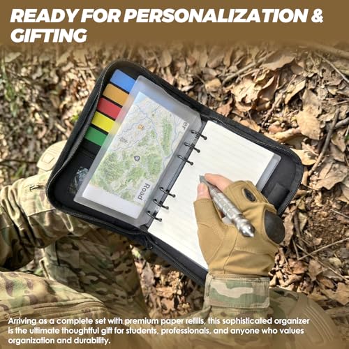 Tactical Notebook Cover, A6 Padfolio 6 Ring Binder with Big Back Pocket & Hand Strap, Zippered Hardcase Planner for Journal, College, Office, Field (Black, A6(5.5 x 8.5 inches)) - color: Black, size: A6