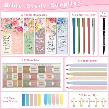 HRFGWDD Bible Study Supplies for Women, Bible Journaling Kit with Highlighters & Pens, Bible Tabs for Women, Sticky Notes, Bookmarks & Cross Clips – Bible Annotation Kit for Scripture Study(30pcs) - color: 30pcs