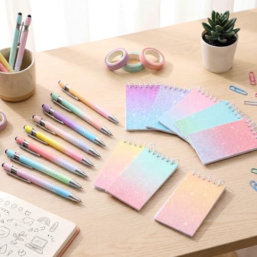 Sherr 16 Pcs Glitter Pens and Notebooks Set Mini Spiral Notepads Fancy Pens for Kids Girls Sparkly Sequins Journaling Ballpoint Birthday Gift Classroom Rewards (Dreamy Holographic Pastel,Candy Color) - color: Candy Color