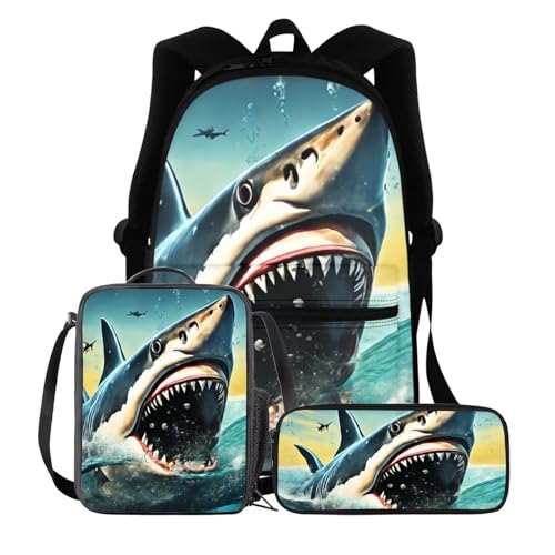 BIGCARJOB Boys School Backpack for Kids Preschool,Crazy Animal Sharkbackpack School Bags with Lunch Box Pencil Case Set of 3 Pcs Animal Printed Bookbags For Elementary Kindergarten School - color: Crazy Animal Shark, size: One Size