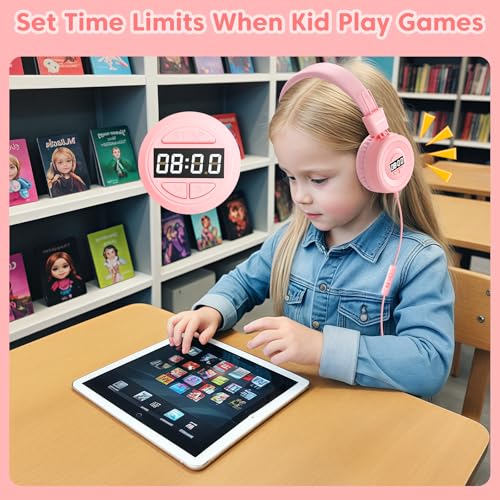 Bywulanda USB-C Kids Headphones with Digital Timer, Pink | Foldable Adjustable Lightweight, 85/94dB Volume Limit, On-Ear with Microphone, For Toddler Students Tablet iPad - color: Pink