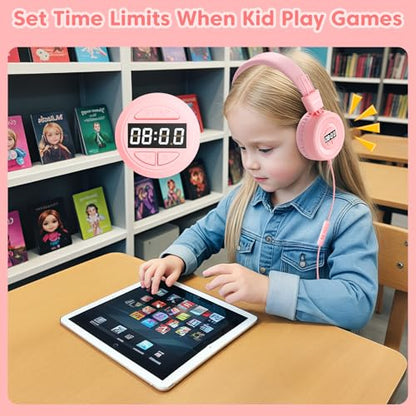 Bywulanda USB-C Kids Headphones with Digital Timer, Pink | Foldable Adjustable Lightweight, 85/94dB Volume Limit, On-Ear with Microphone, For Toddler Students Tablet iPad - color: Pink