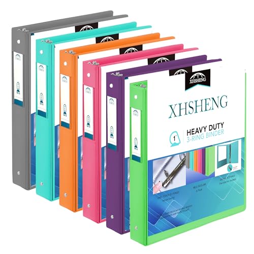 XHSHENG 1 Inch Binders 3 Ring,One Touch Easy Open D-Rings,Letter Size | 1 In Three Ring Binders,with 2 Pockets, Holds 225 Sheets 8.5x11 inch Papers, View Binders for School Supplies - size: 6 Pack 1 inch