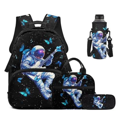17 Inch Kid's 4PCS Backpack Set, Back to School Essentials | Insulated lunch box, water bottle pouch, pencil case, lightweight, padded shoulder straps, for elementary, middle school - color: Starry Astronaut