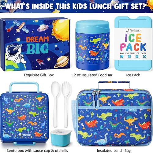 Fimibuke Kids Bento Snack Lunch Box with 4 Compartment, Insulated Lunch Bag, Stainless Steel Vacuum Thermo Food Jar, Ice Pack, Utensils Set, Birthday Gifts for Age 3-12 Back to School Toddler Girl Boy | Lunch Box Kids with 4 Compartment, Food Jar, Ice Pac