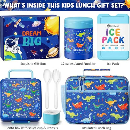 Fimibuke Kids Bento Snack Lunch Box with 4 Compartment, Insulated Lunch Bag, Stainless Steel Vacuum Thermo Food Jar, Ice Pack, Utensils Set, Birthday Gifts for Age 3-12 Back to School Toddler Girl Boy | Lunch Box Kids with 4 Compartment, Food Jar, Ice Pac