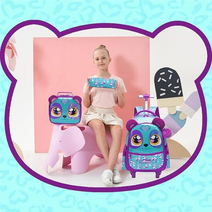 Meetbelify Rolling Backpack for Girls Backpacks with Wheels for Elementary Preschool Students Kids 3 in 1 Travel Luggage Carry on Suitcase with Lunch Box Pencil Case for Girls Age 8-10 - color: Blue Purple