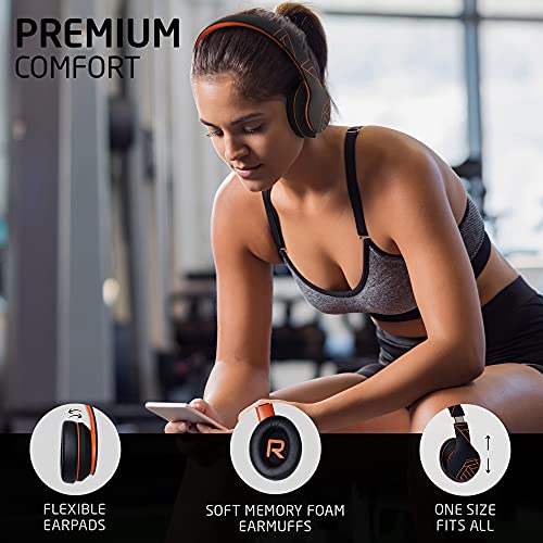 PowerLocus Wireless Bluetooth Headphones, Over Ear Headphones with Microphone, 50H Playtime, HiFi Stereo Sound, Deep Bass, Soft Earmuffs, Foldable Lightweight Headphones for Travel/PC/Cell Phone - color: Black/Orange