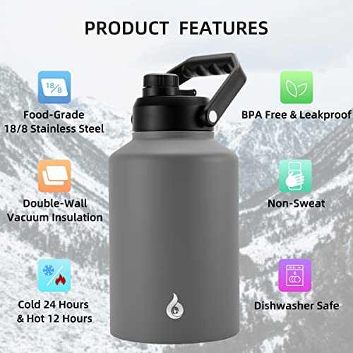 BJPKPK One Gallon(128 oz) Insulated Water Bottle, Dishwasher Safe Stainless Steel Jug, BPA Free Jug with Ergonomic Handle & Anti-slip Bottom, Large Water Bottle, Grey - color: Gray, style: 128oz