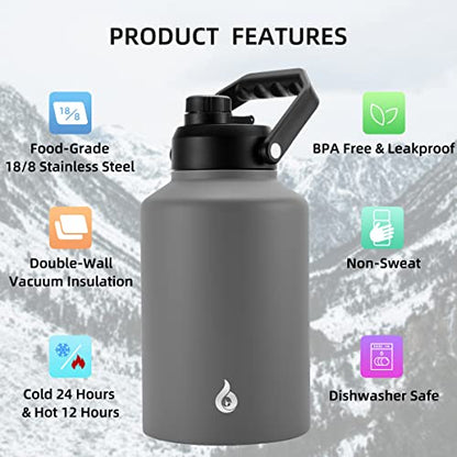 BJPKPK One Gallon(128 oz) Insulated Water Bottle, Dishwasher Safe Stainless Steel Jug, BPA Free Jug with Ergonomic Handle & Anti-slip Bottom, Large Water Bottle, Grey - color: Gray, style: 128oz