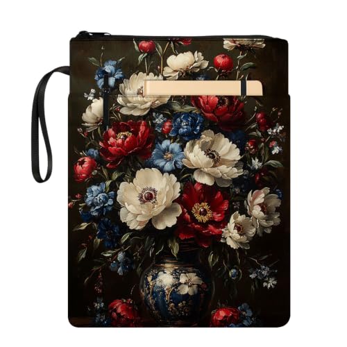 Padded Book Sleeve with Zipper & Front Pocket, Fabric Book Cover | Oil Painting Vintage Roses11.4"x8.7" Washable Canvas Pouch for Hardcovers, Tablets & Reading Accessories - color: Oil Painting Vintage Roses