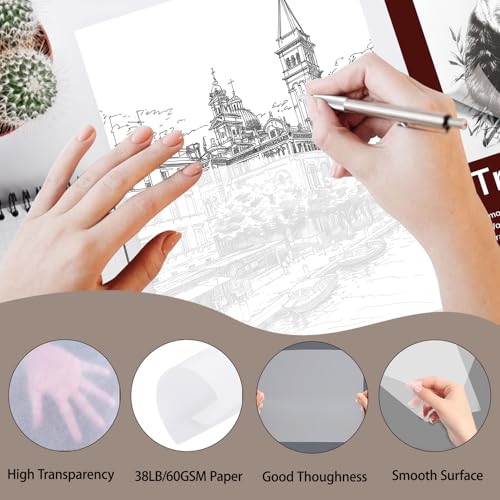 Tracing Paper 9x12 inch, 85 Sheets Translucent Tracing Paper Pad, 38lb/60gsm Vellum Art Paper Works with Pencil, Marker and Ink