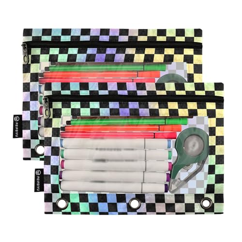 Rainbow Buffalo Plaid Binder Pouches 3 Ring for Boys Girls School Office College Supplies Black Chessboard Blue Yellow Aqua Pencil Pouches Case Bag with Clear Window and Zipper 2 Pack - color: Darkviolet