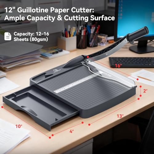 12 Inch Heavy Duty Paper Cutter, 12-16 Sheets Capacity Guillotine Paper Cutter & Paper Trimmer, Paper Cutting Board for Classroom, Crafting, Cardstock Gray - color: Gray