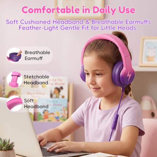 Candy Bila Kids Headphones, Wired Headphones for Kids Over Ear with Microphone, 85/94dB Volume Headphone for Girls Boys, Foldable Headphone for Learning & Entertainment, Deep Purple and Pink - color: Deep Purple and Pink