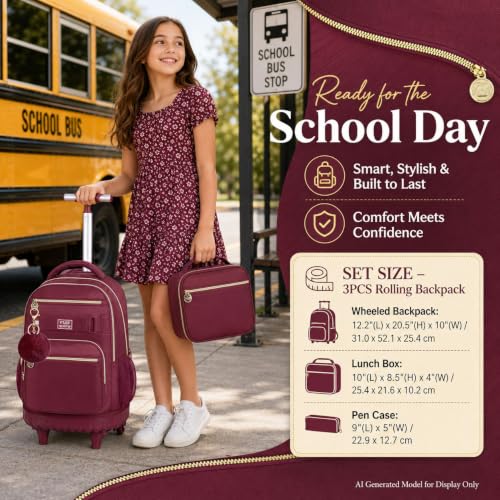 3Pcs Rolling Backpack for Girls Women, 19 Inche Adults Roller Backpacks with Wheels, School Wheeled Bookbag with Lunch Box(Wind Red) - color: Wine Red