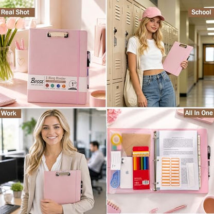 Leather 3 Ring Binder, 2 Inch Binders with Clipboards, 5-Tabs Pockets Dividers, 18 Divider Stikers, Plastic Folder, Pen Holder, Three Ring Binder with Pen Holder(Pink, Letter Size) - color: Pink, size: 2in（Letter Size）