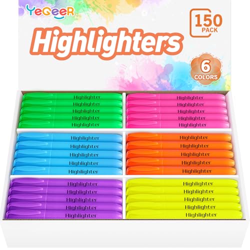 YEGEER Highlighters, Chisel Tip Dry-Quickly Highlighter Markers, 150 Count-6 Assorted Colors Highlighters Bulk Pack for Adult Kids, Office Classroom Must Have, School Supplies for Teachers