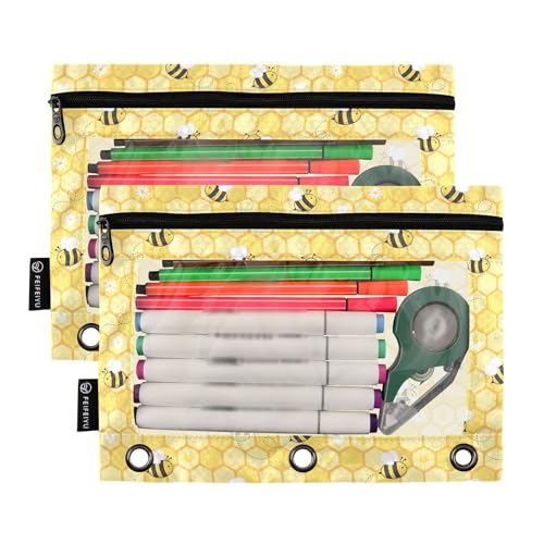Bees Honeycomb Yellow Pencil Pouch for 3 Ring Binder 2 Pcs Binder Pouches with Zipper Pocket Pencil Case Bag with Clear Window for Office Work School Supplies - color: Bees Honeycomb Yellow