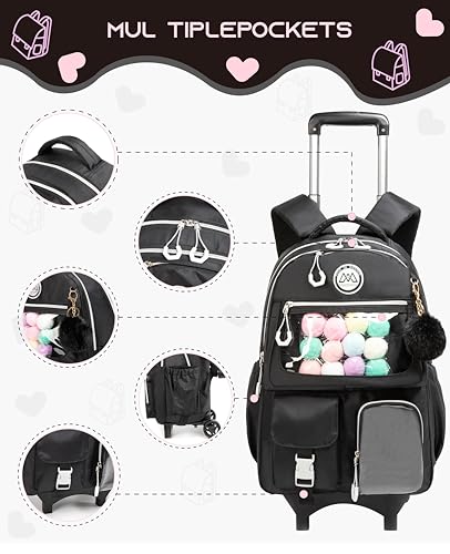 Rolling Backpack for Girls Kids Backpack with Wheels Backpacks for Elementary with Lunch Box Pencil Case Trolley (Black1) - color: Black