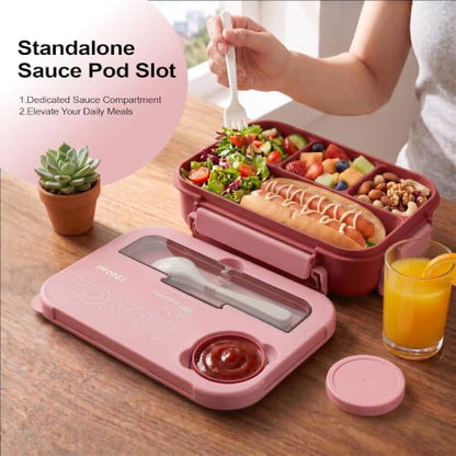 Bento Box Adult Lunch Box, Lunch Containers for Adults 44.5 Oz/5 Cup, Pink | BPA-Free, Lid-Top Sauce Tray, Leak-Proof, 1300mL, Removable Silicone Sealing Ring, Lid-Top Utensil Slot with Included Cutlery - color: Pink