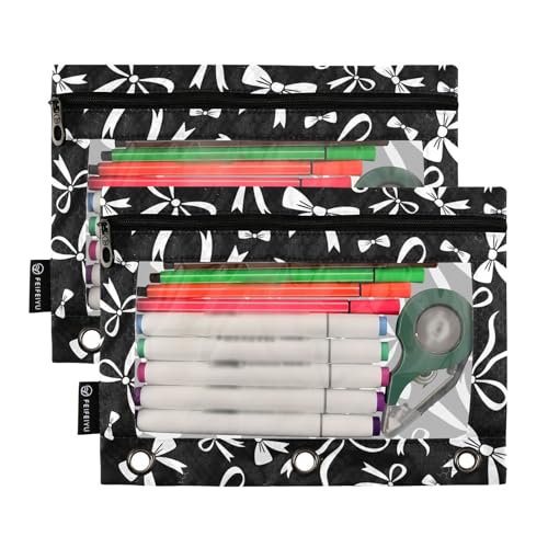 Black White Bow Pencil Pouch for 3 Ring Binder 2 Pcs Binder Pouches with Zipper Pocket Pencil Case Bag with Clear Window for Office Work School Supplies - color: Black White Bow