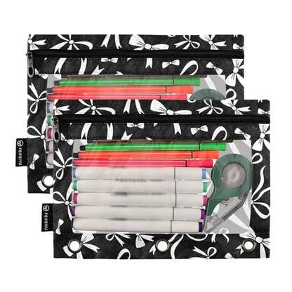 Black White Bow Pencil Pouch for 3 Ring Binder 2 Pcs Binder Pouches with Zipper Pocket Pencil Case Bag with Clear Window for Office Work School Supplies - color: Black White Bow