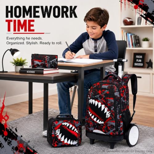 3Pcs Large Rolling Backpack for Boys, 20 Inch Detachable Light Up Wheeled Bookbag with Lunch Box, Durable Graffiti Shark Roller Backpack for Elementary Middle School (Red) - color: Large Wheels Mouth Red