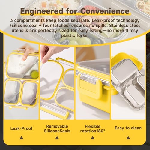 Stainless Steel Bento Lunch Box Set with Spoon, Fork & Insulated Lunch Bag, 25oz Leakproof Bento Box for Adults & Kids, Ideal for School, Home, Office, Picnic & Healthy meal prep containers (yellow) - color: Yellow