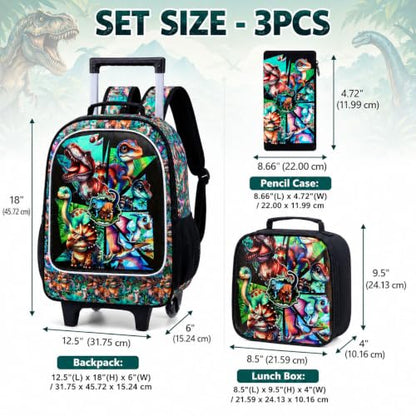 AGSDON 3PCS Rolling Backpack for Girls and Boys, Kids Roller Wheels Bookbag, Wheeled Elementary School Bag with Lunch Bag - color: Dinosaur Roller