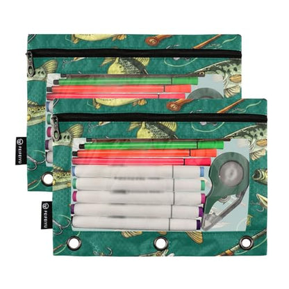 Pencil Pouch for 3 Ring Binder Bass Fish Fishing Poles Binder Pencil Pouches Clear Window Zipper Pencil Case 2 Pack for Office School College Supplies - color: Bass Fish