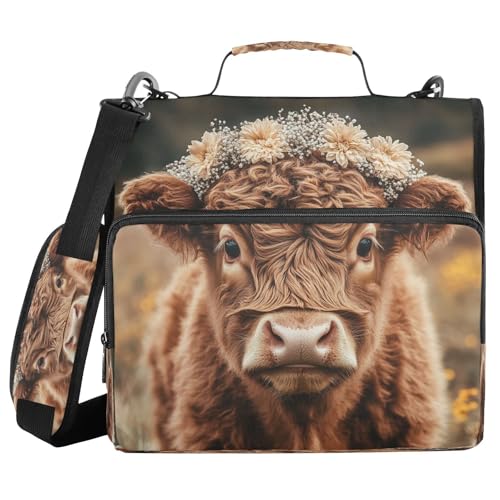 Kigai Flower Highland Cow Zipper Binder with Shoulder Strap 1.5 inch 3 Ring D Ring Multiple Pockets Expanding File Folder 13 Inch Laptop Organizer School & Office Supplies