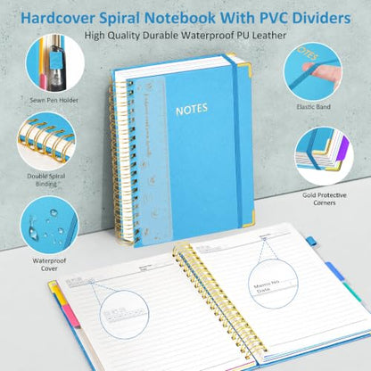 Hardcover Spiral Notebook Journal with Removable PVC Dividers - 8'' x 10'' Large 300 Page B5 Hardcover Leather College Lined Journals Notebook for Work Note Taking Office Home School Supplies, Lake blue - color: lake blue