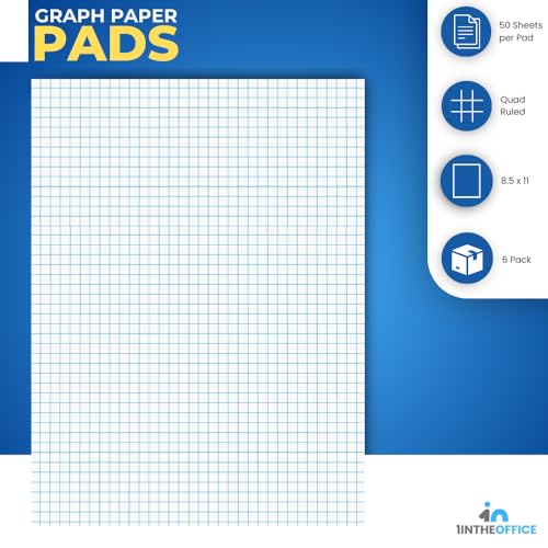 1InTheOffice Graph Paper Pad, Graphing Paper, Graph Paper Loose Leaf, Graph Paper Pads 8.5 x 11, Quad Ruled, 50 Sheets/Pad, 6 Pack